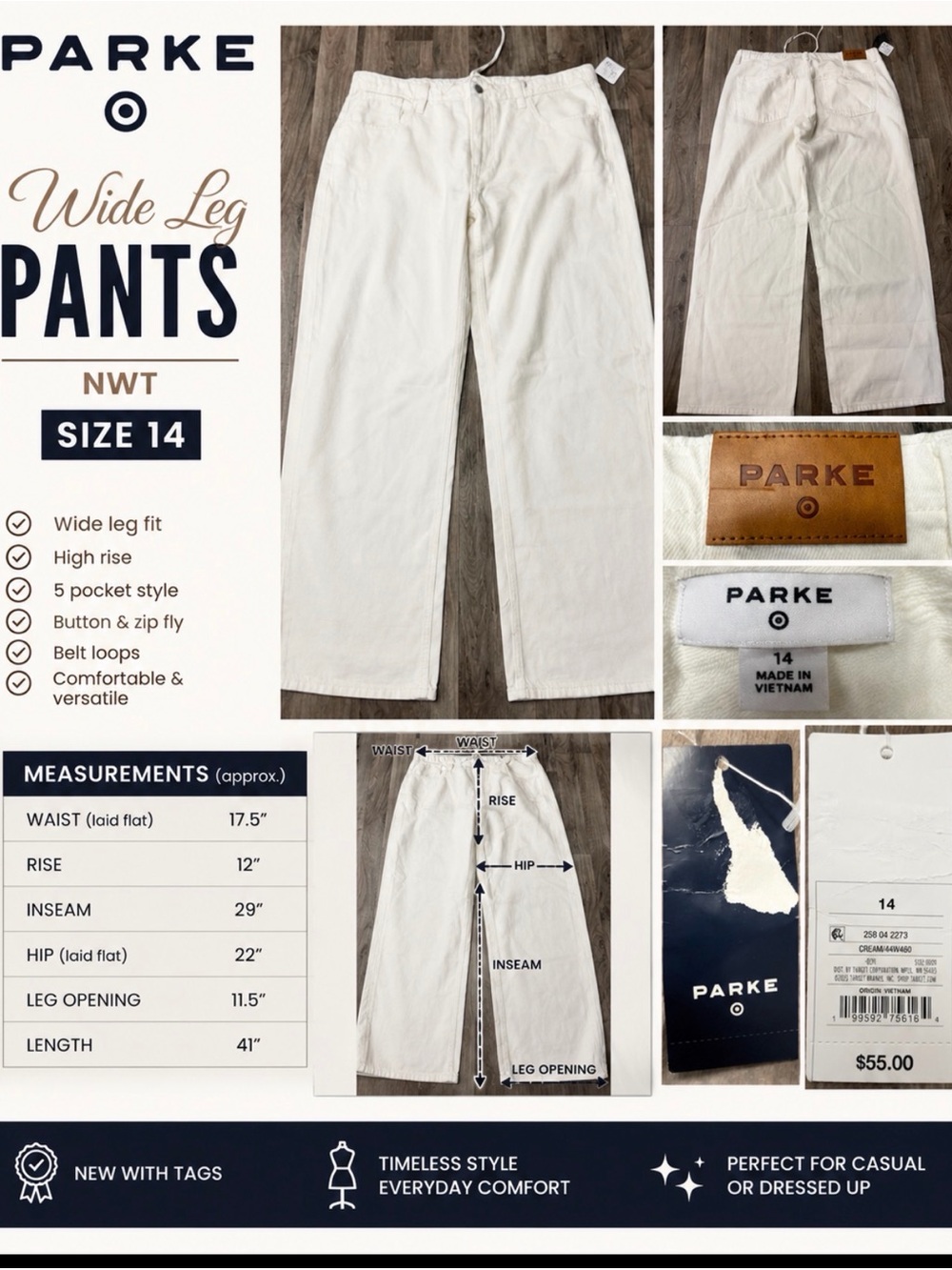 NWT Parke Mid Rise Baggy Jeans Cream Drawstring Wide Leg Denim Pants sz 14
